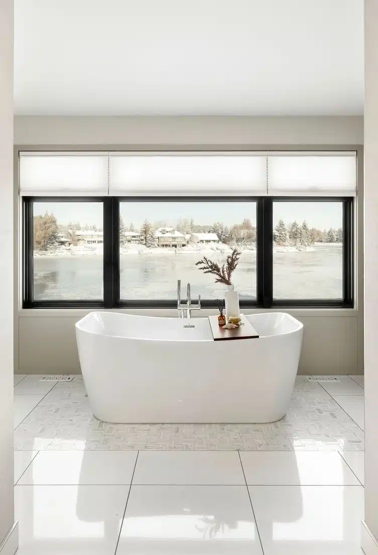 A bathtub in an en-suite bathroom overlooking a lake.