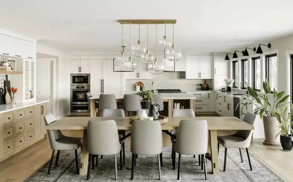 An open concept kitchen with a large dining room.