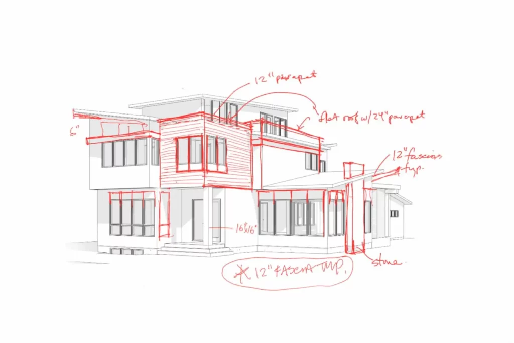 An annotated custom home design sketch in its second phase.