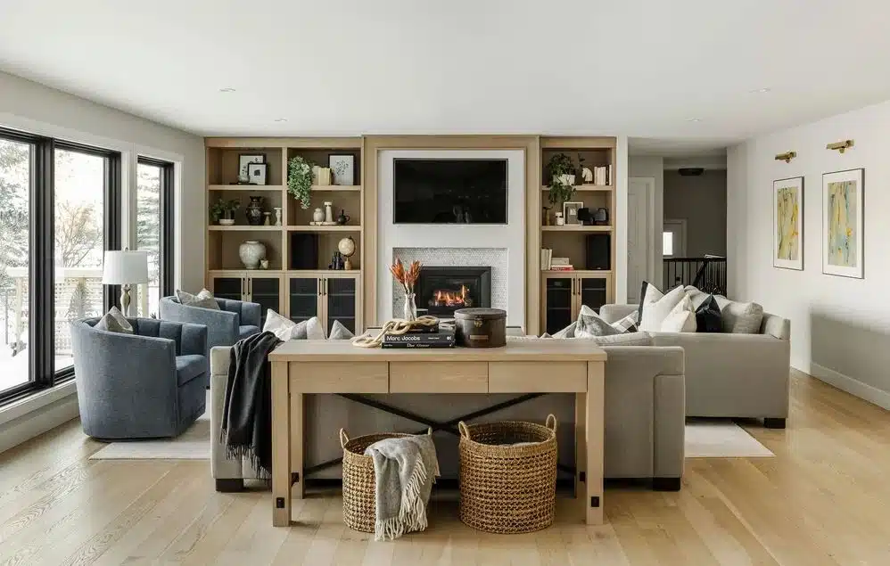 The living room of a family house design in Calgary.