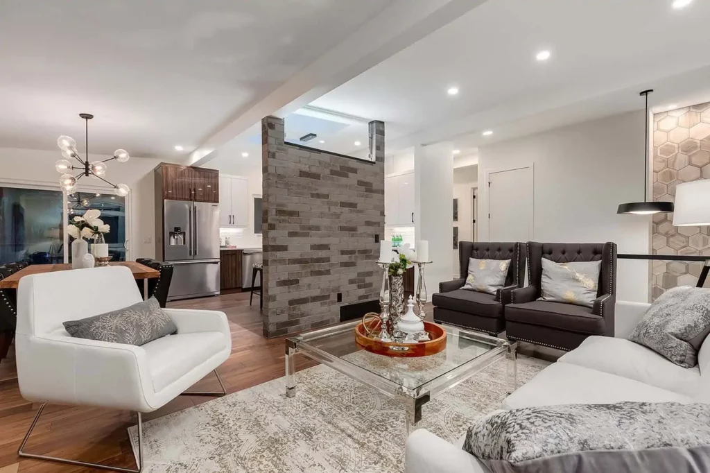 A beautiful, modern living room after a renovation in Calgary.