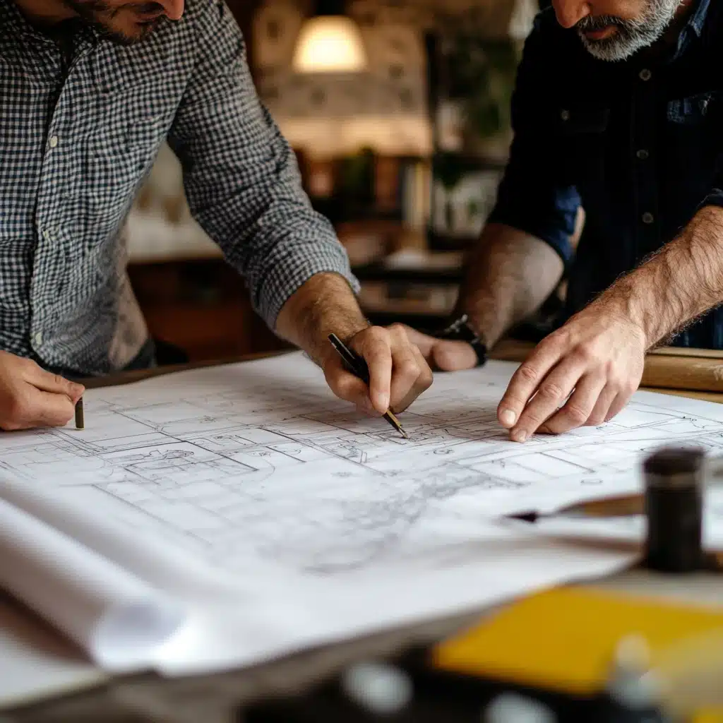 Two interior designers in Calgary look at home design drawings.