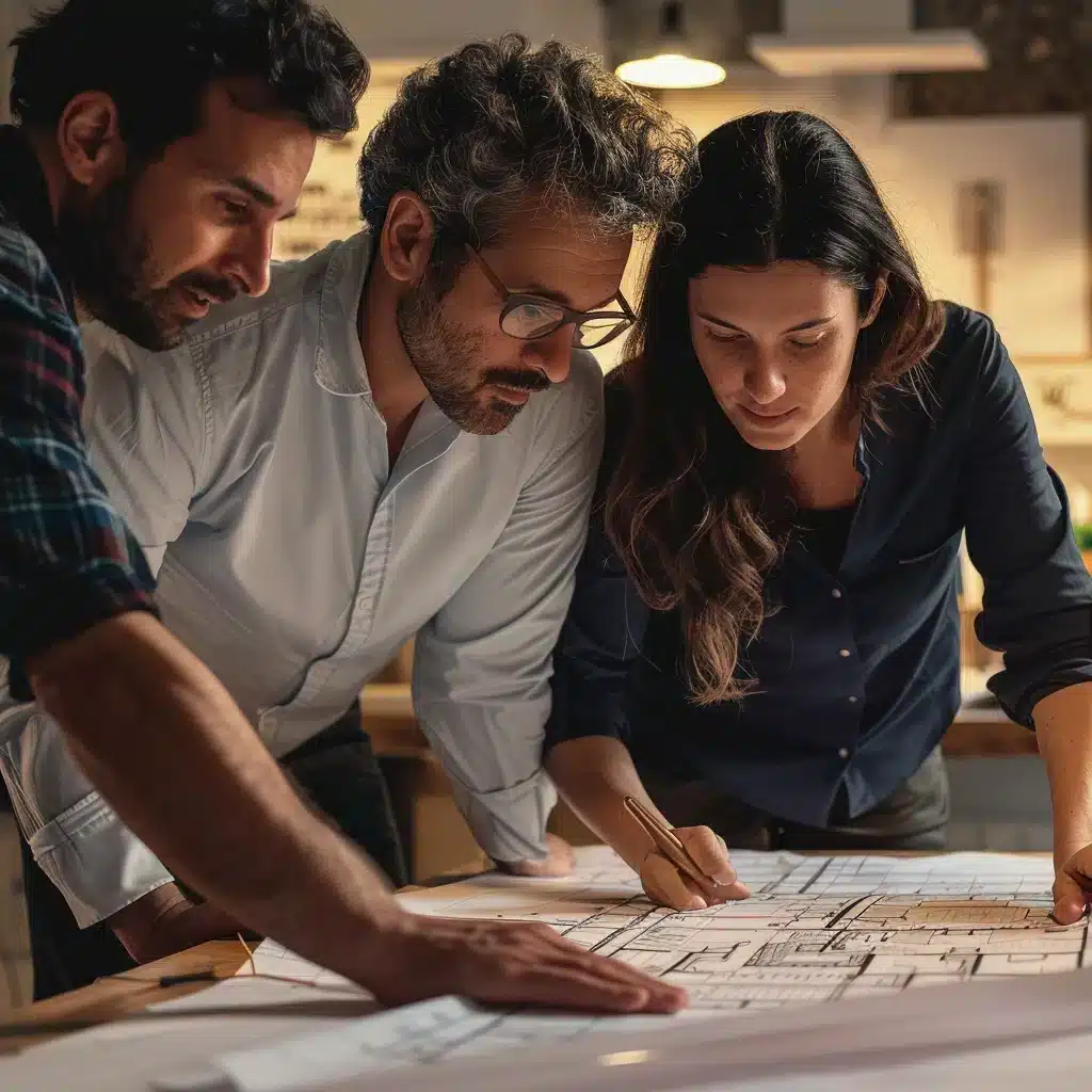 Three residential designers discuss interior design while looking at home design drawings.