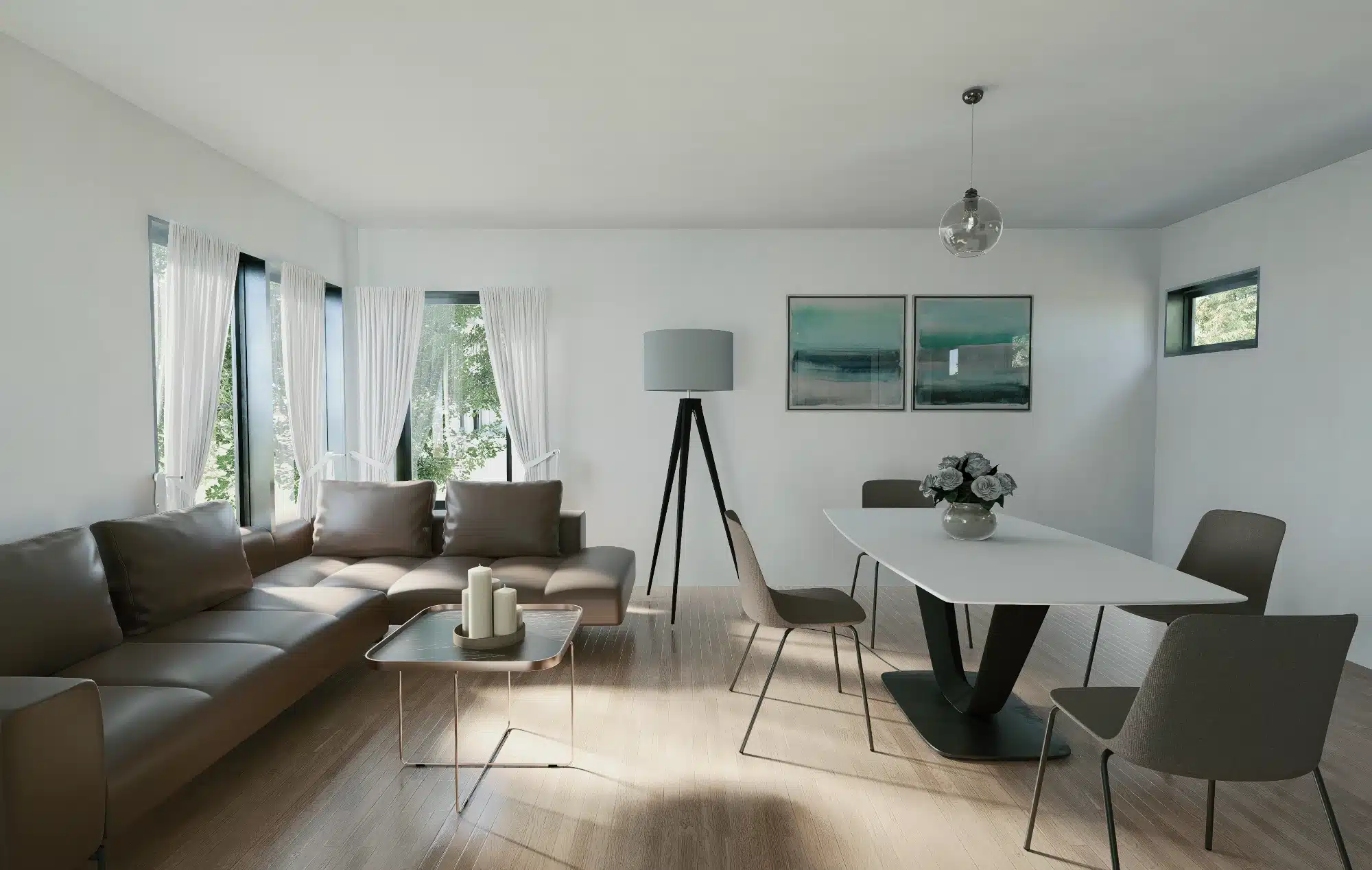 Three residential designers discuss interior design while looking at home design drawings.