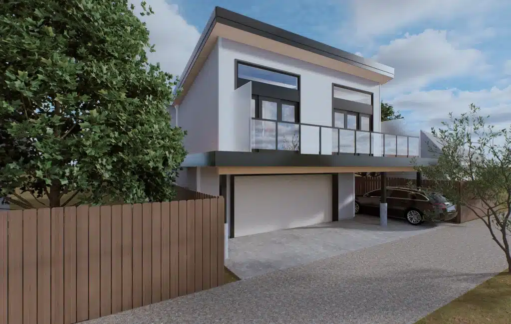 A modern laneway suite in Calgary over a two-car garage with a balcony.