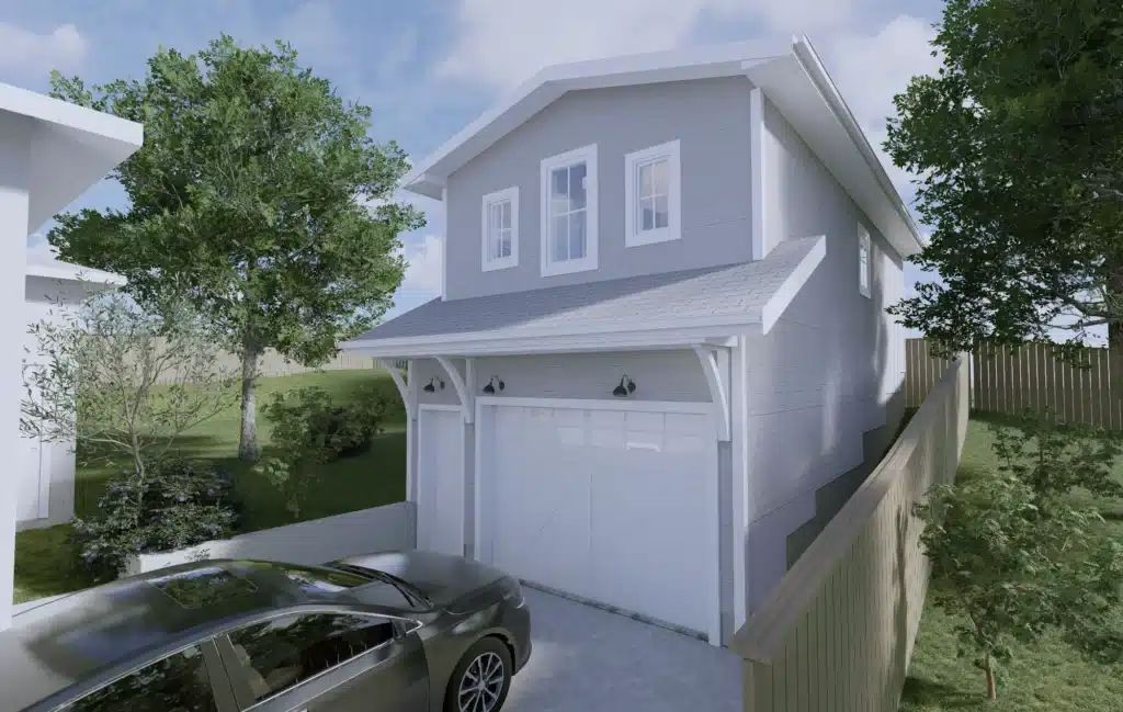 A traditional-looking garden suite in Calgary over a one-car garage.