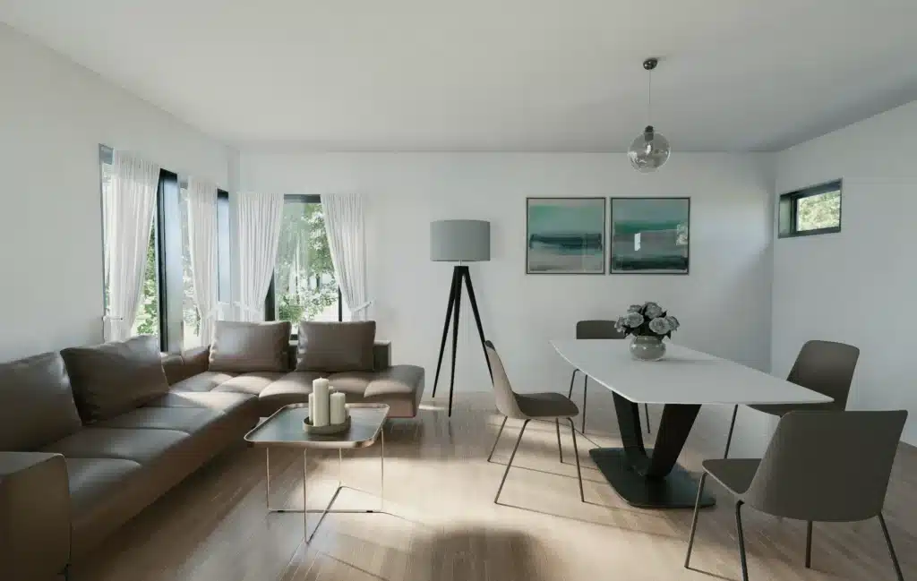 An open concept living and dining area in a backyard suite in Calgary.