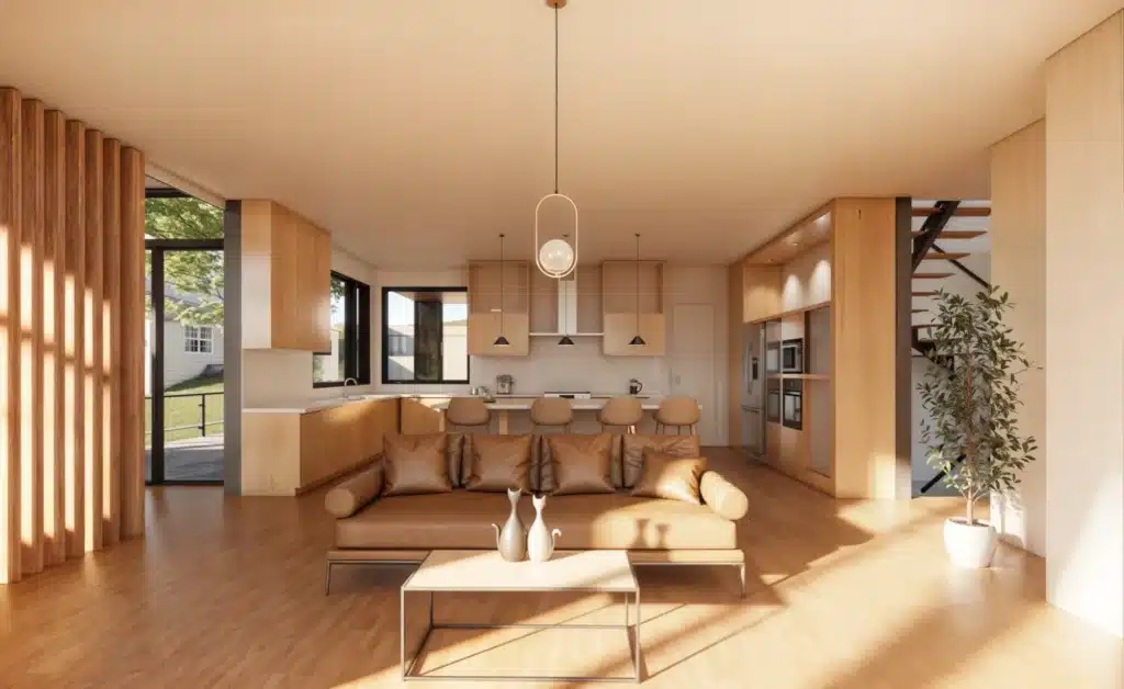 A living room of a townhome in Calgary with a leather sofa and soft, natural light.