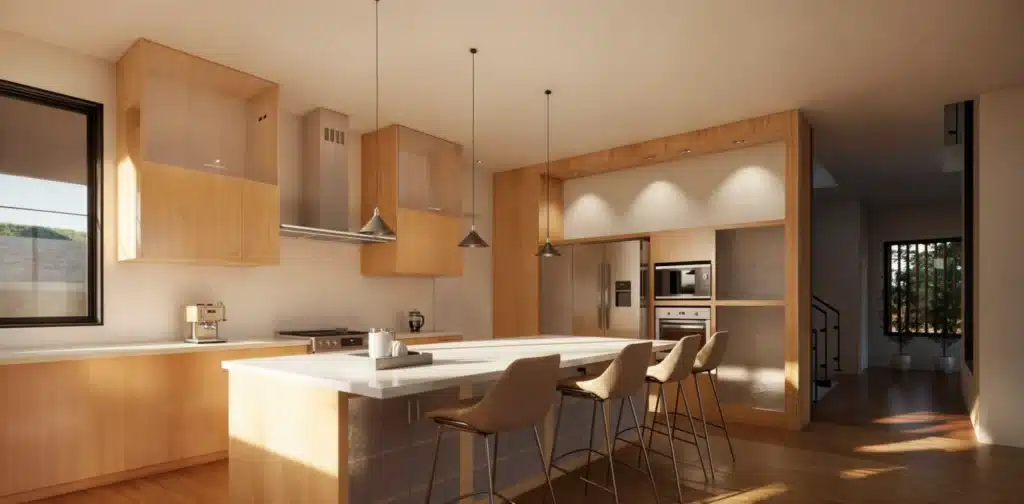 The interior design of a multi family home with wooden cupboards and leather barstools.