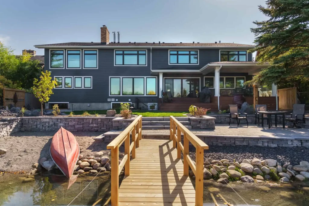 The lakeside entrance of a renovated home on Lake Bonavista.