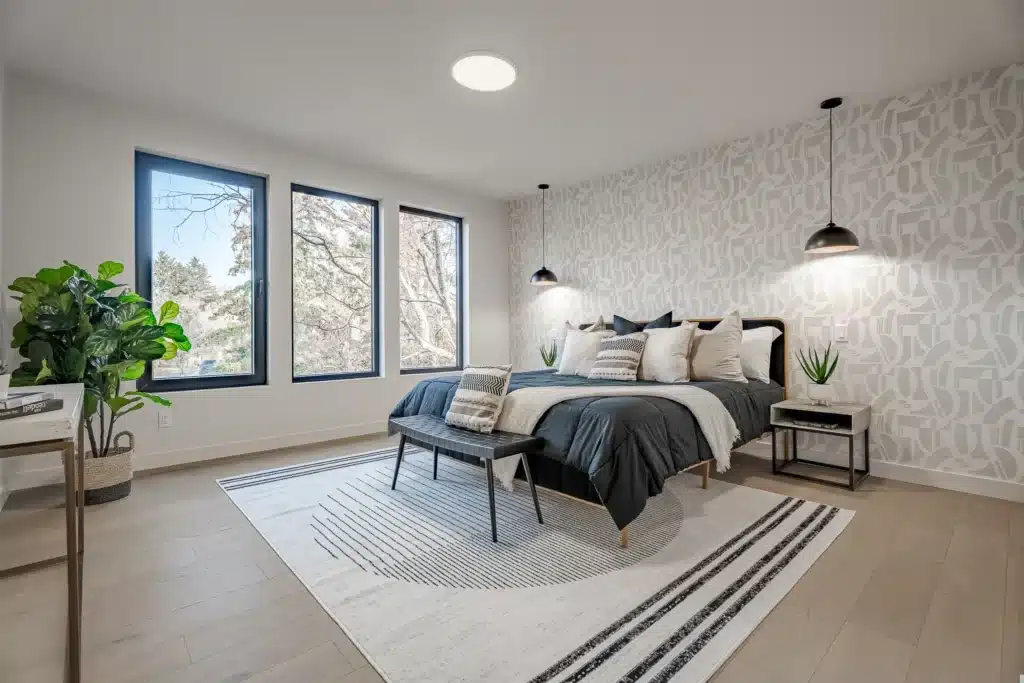 A bedroom of a renovated home in Calgary.