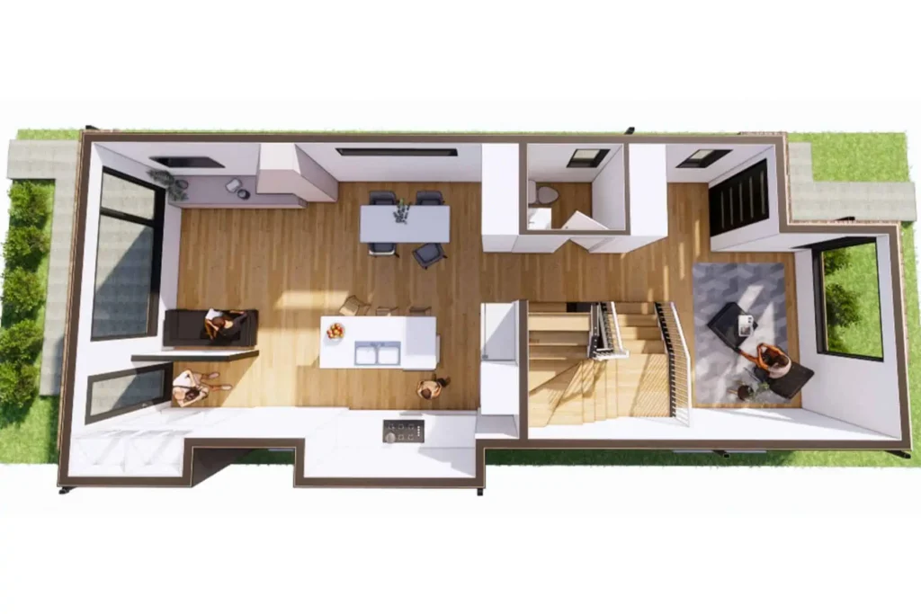 A bird's eye view of the interior layout of a small home in Calgary, Alberta.